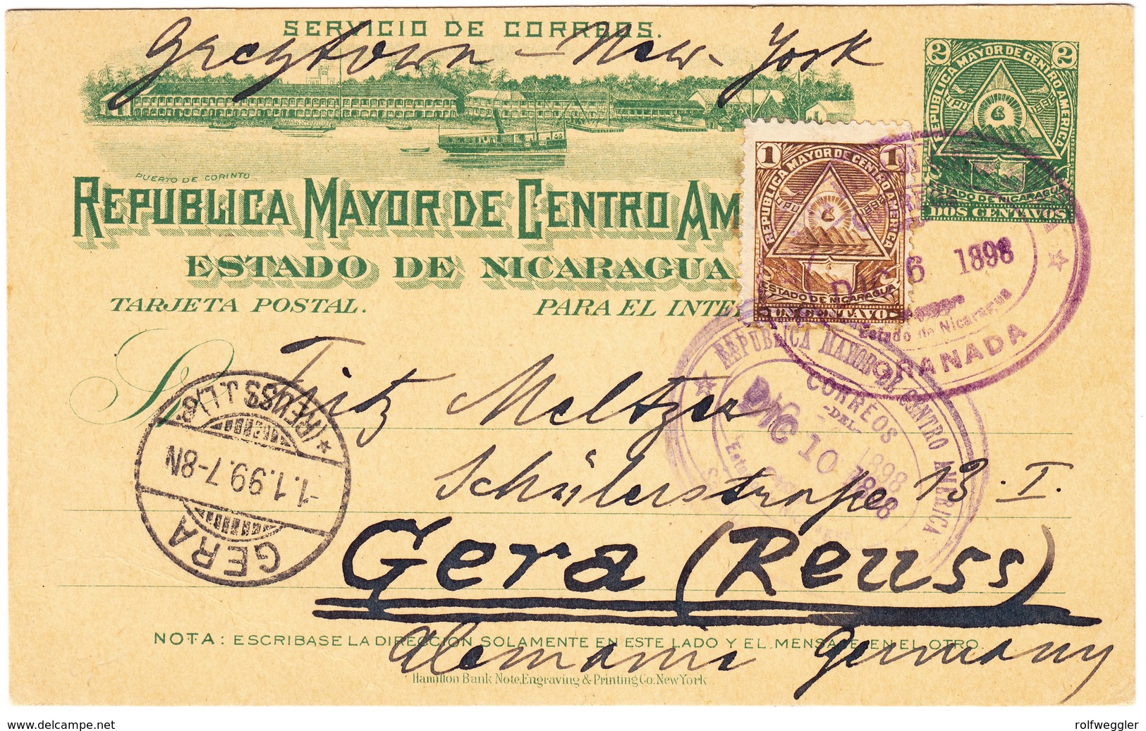 1898 Ganzsachenkarte Aus Granada Mit Zusatzfrankatur über New York Nach Gera - Nicaragua