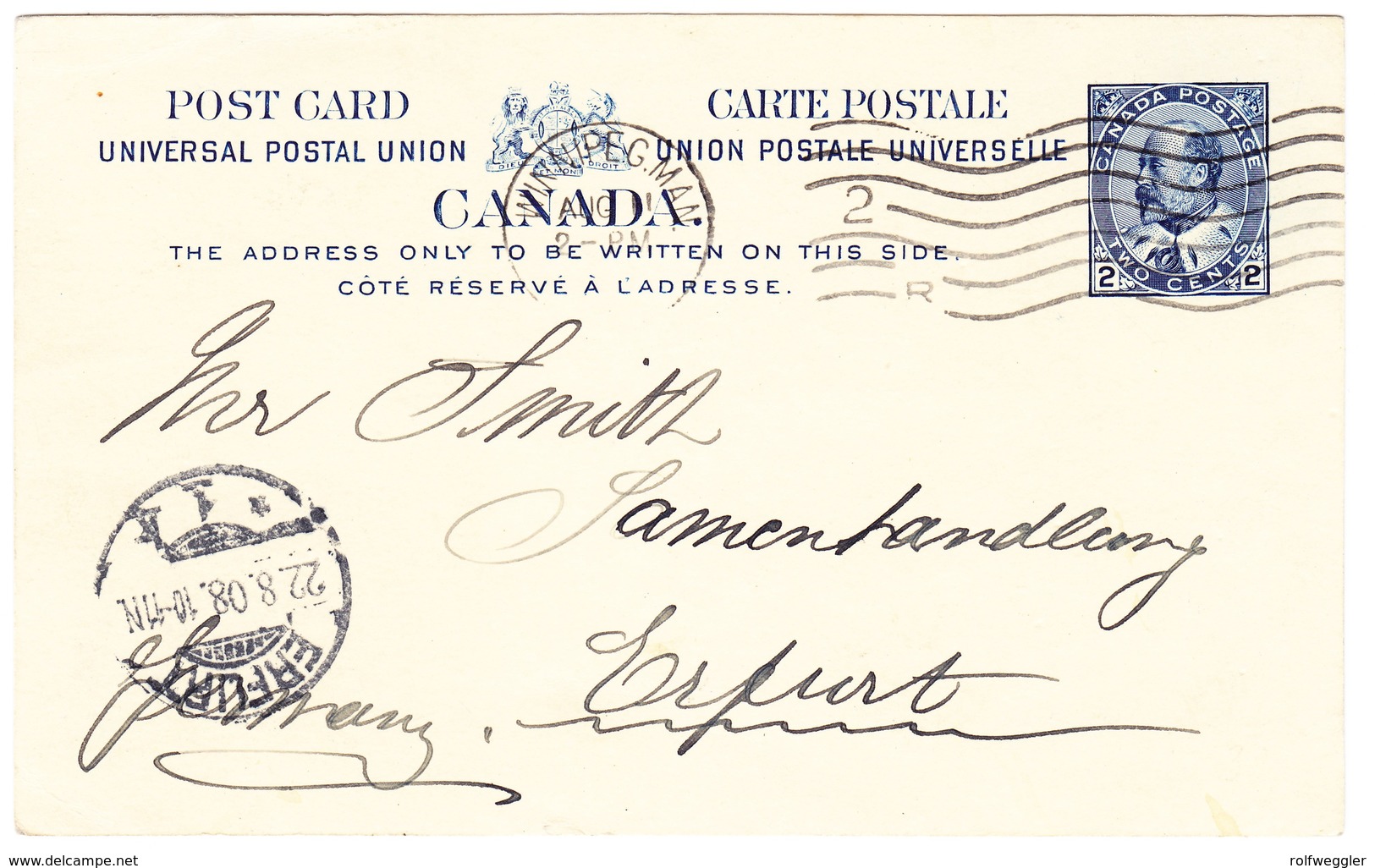 1908 Ganzsachenkarte Aus Winnipeg Nach Erfurt Mit Ankunftsstempel - Cartas & Documentos