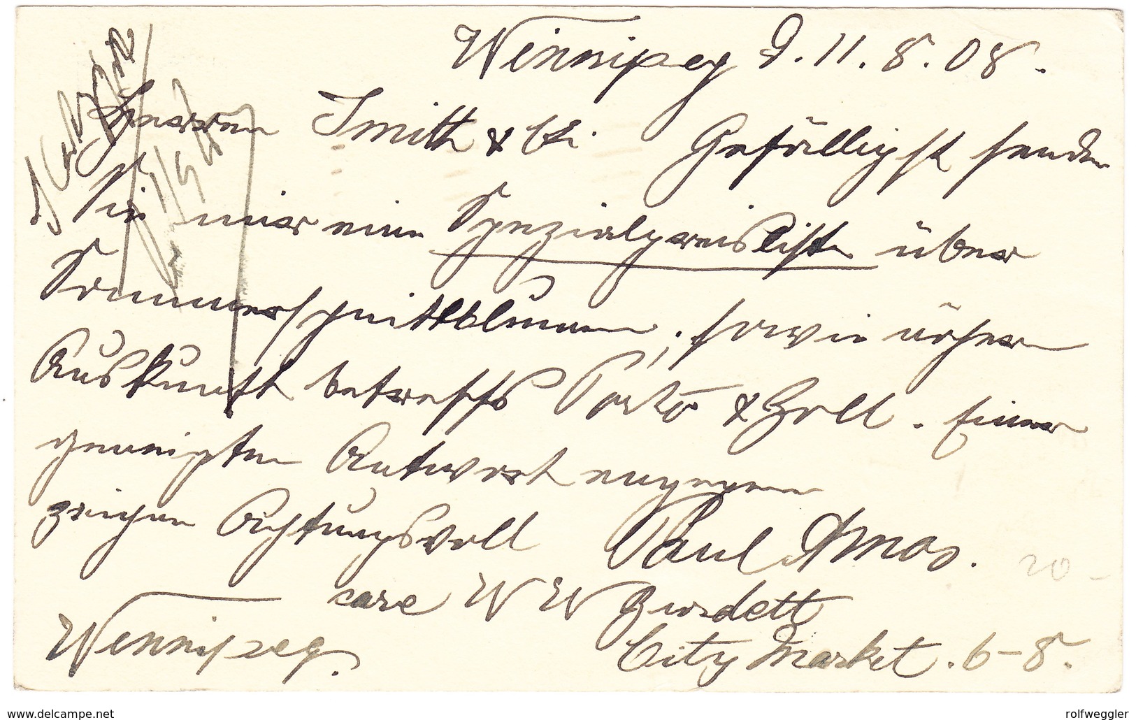 1908 Ganzsachenkarte Aus Winnipeg Nach Erfurt Mit Ankunftsstempel - Brieven En Documenten