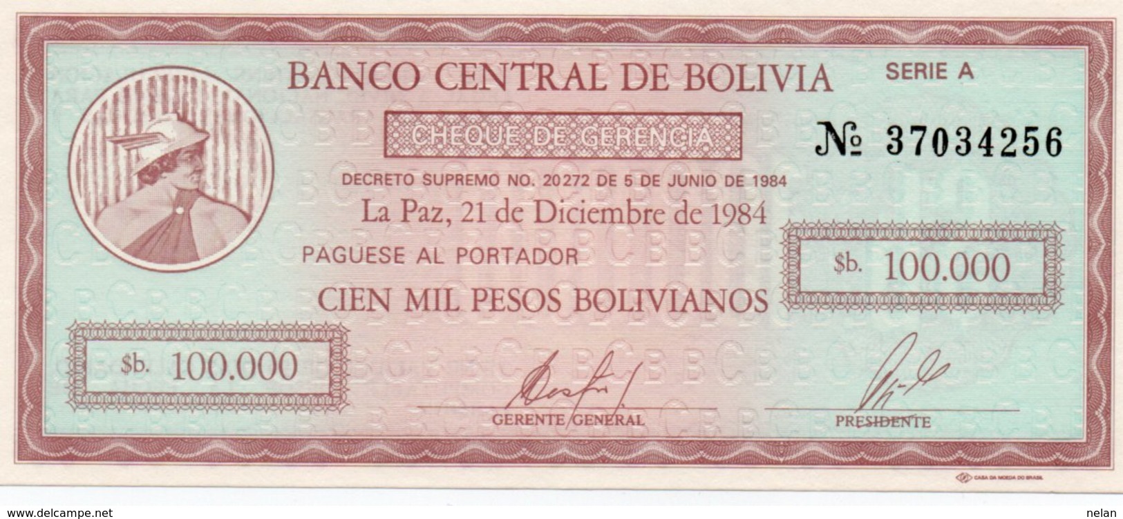 BOLIVIA 100 000 PESOS BOLIVIANOS 1984 P-188 UNC - Bolivië