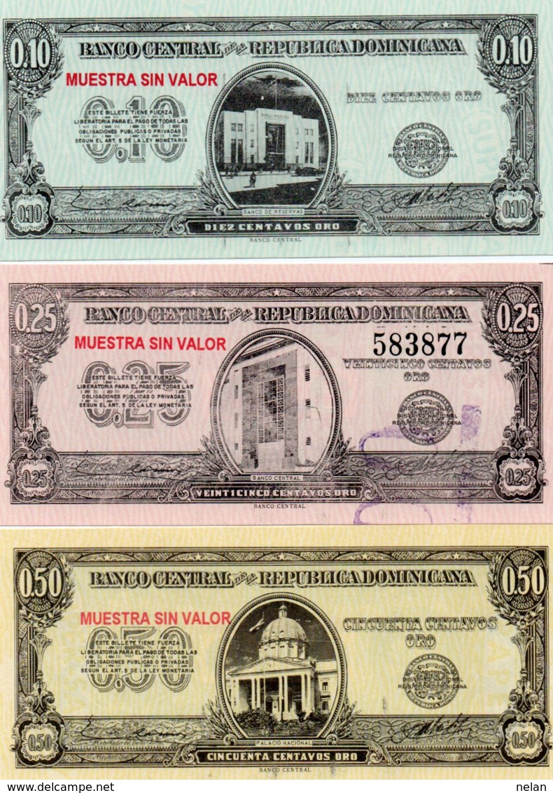 REPUBBLICA DOMINICANA 10,25,50 CENTAVOS ORO 1961 P-86,88,90 UNC -MUESTRA SIN VALOR-RARE - Dominicaine