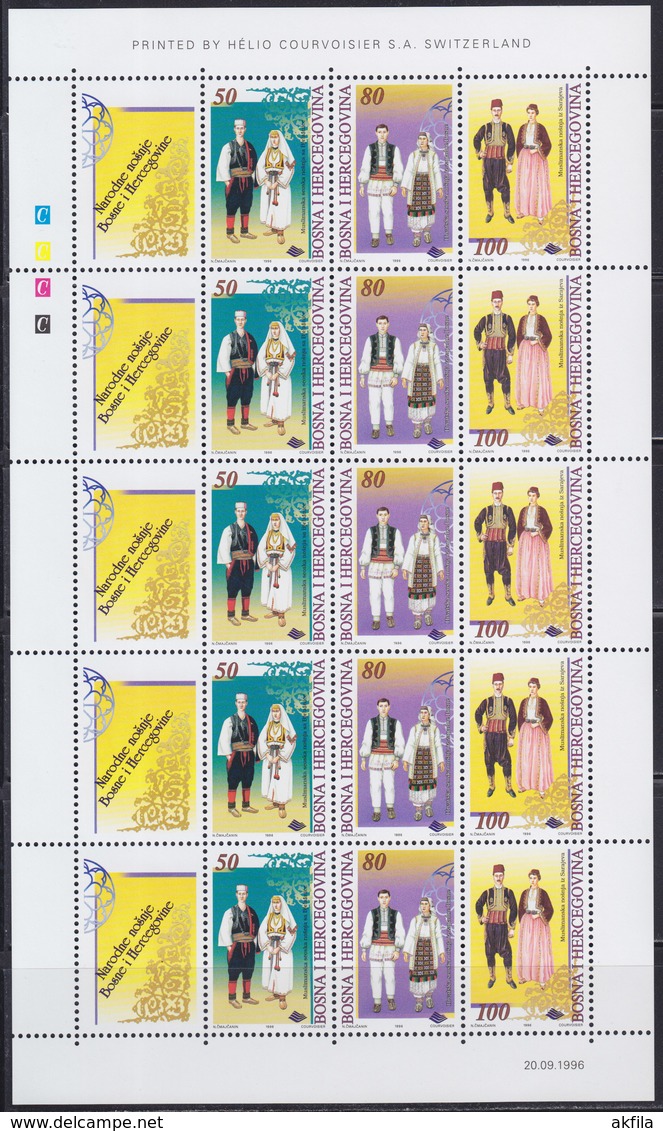 Bosnia Federation 1996 National Costumes, Sheet Of 5 Sets, MNH (**) Michel 66-68 - Bosnia And Herzegovina