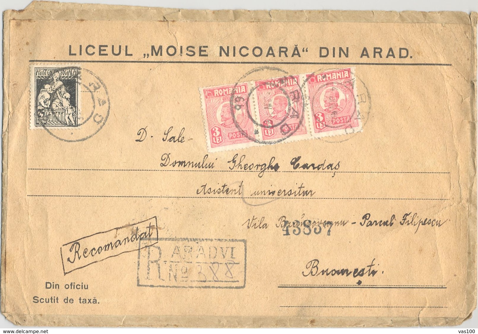 KING FERDINAND AND SOCIAL ASSISTANCE STAMPS ON REGISTERED COVER, LETTER, ARAD HIGH SCHOOL HEADER, 1926, ROMANIA - Lettres & Documents