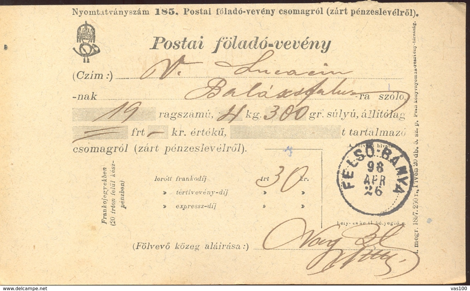 PARCEL POSTAL DEPOSIT SLIP, RECEIPT FOR POSTAL SERVICES, 1898, HUNGARY - Paketmarken