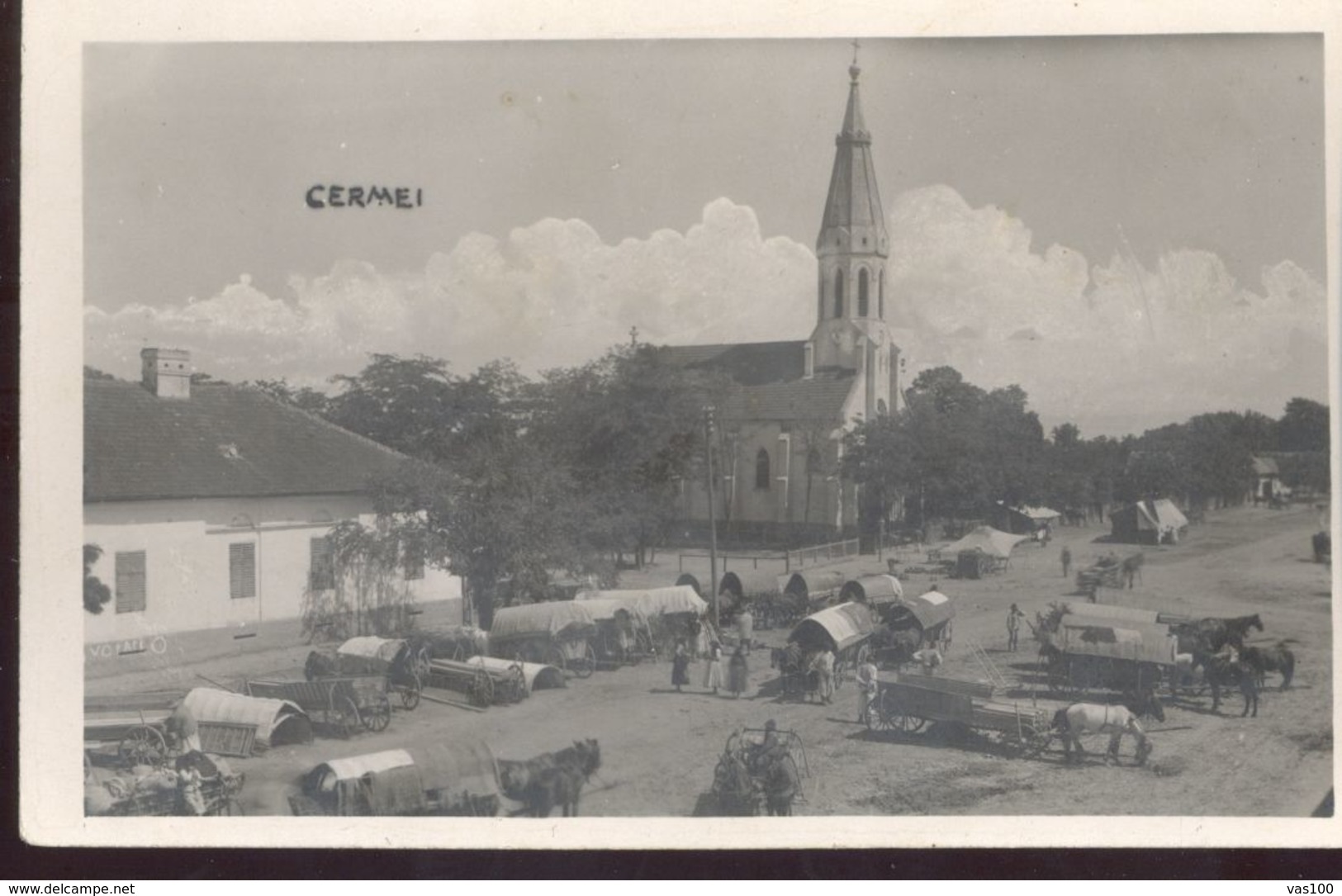 CPA CERMEI- MARKET SQUARE, HORSE CARTS, CHURCH - Romania