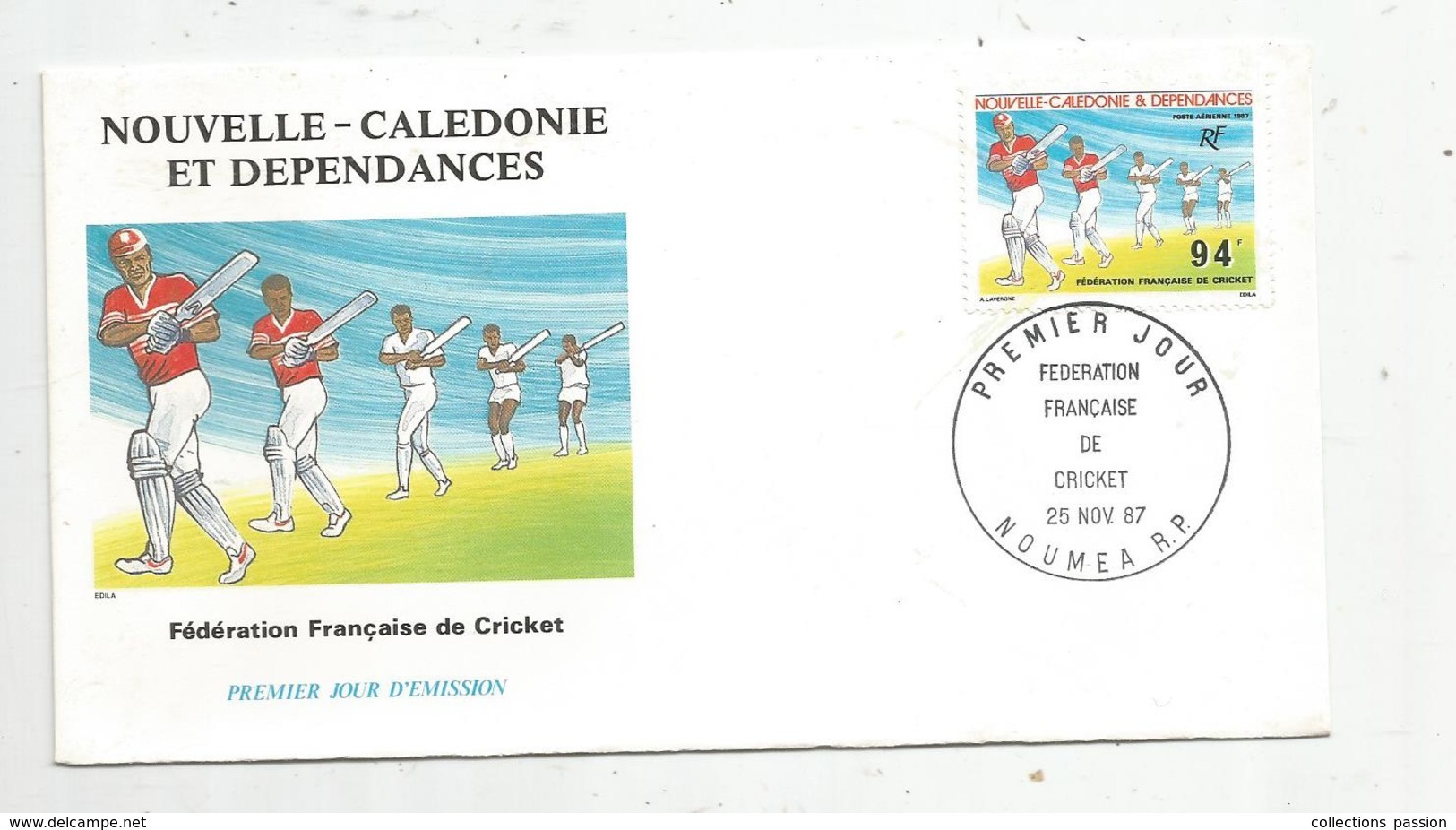 Timbre  ,  FDC , Nouvelle Calédonie Et Dépendances , Nouméa 1987 , Fédération Française De CRICKET , Sports - FDC