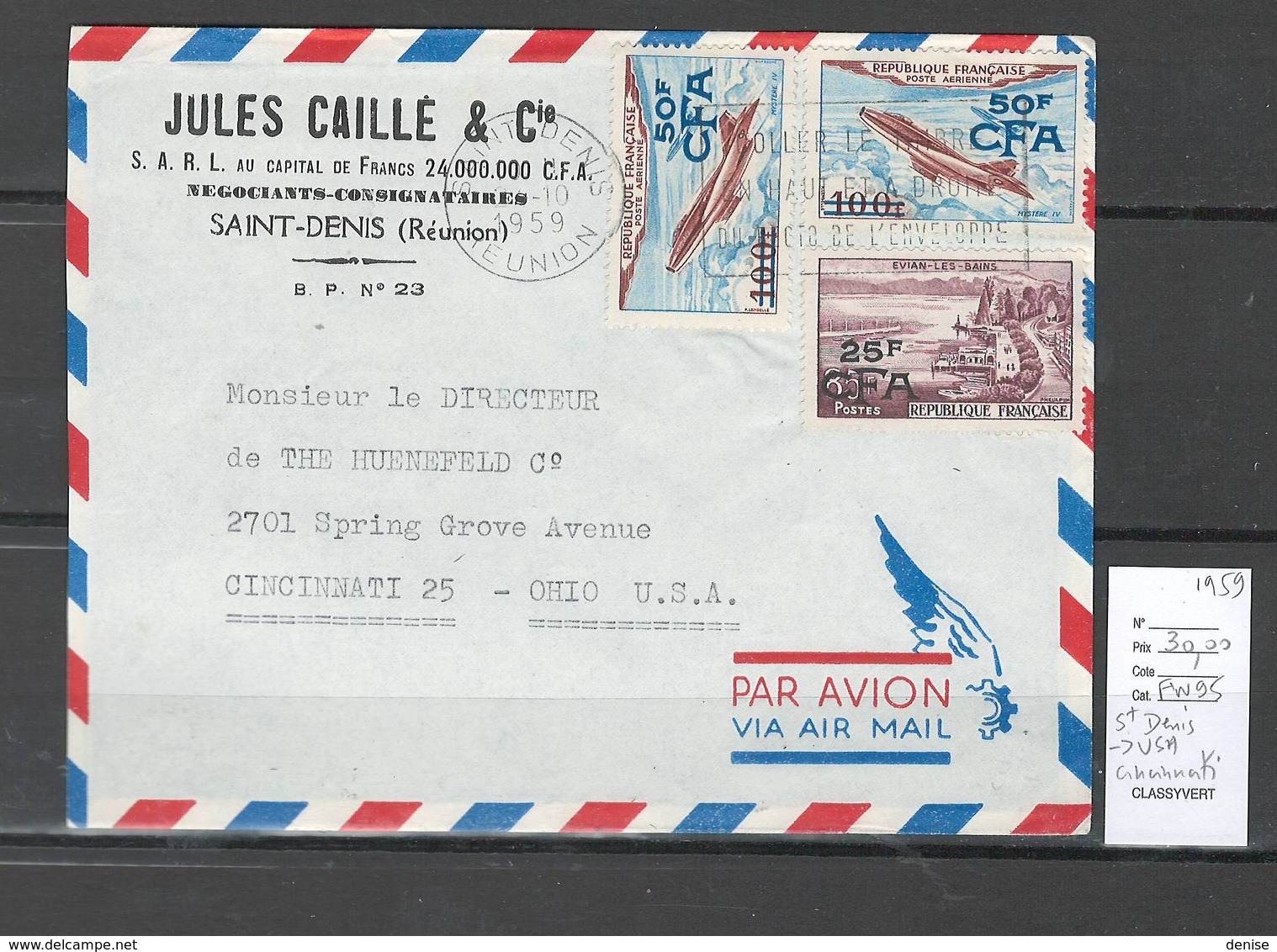 Reunion - Lettre Avion De Saint Denis Pour Cincinnati - Etats Unis -1959 - Covers & Documents