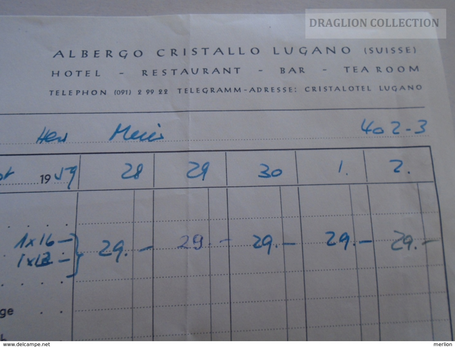 ZA134.11 Hotel - Albergo Cristallo LUGANO -Suisse -Switzerland - Invoice , Quittung  1959 - Suiza