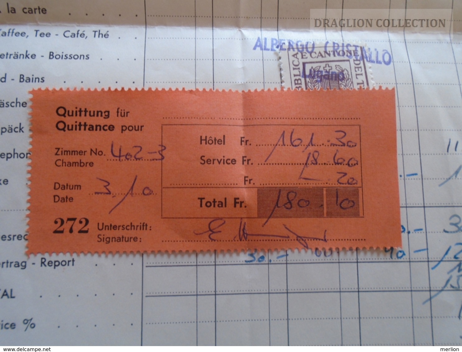 ZA134.11 Hotel - Albergo Cristallo LUGANO -Suisse -Switzerland - Invoice , Quittung  1959 - Switzerland