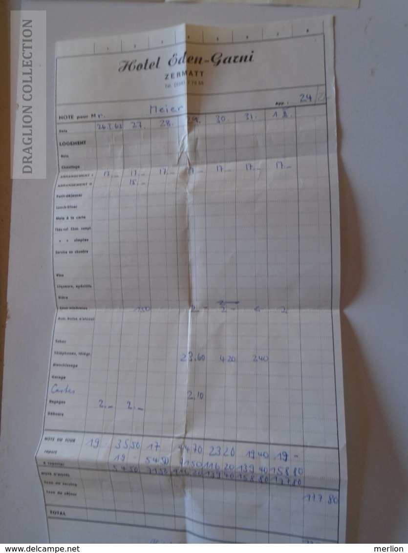 ZA134.12 Hotel EDEN Garni  -ZERMATT  -Suisse -Switzerland - Invoice , 1963 - Switzerland