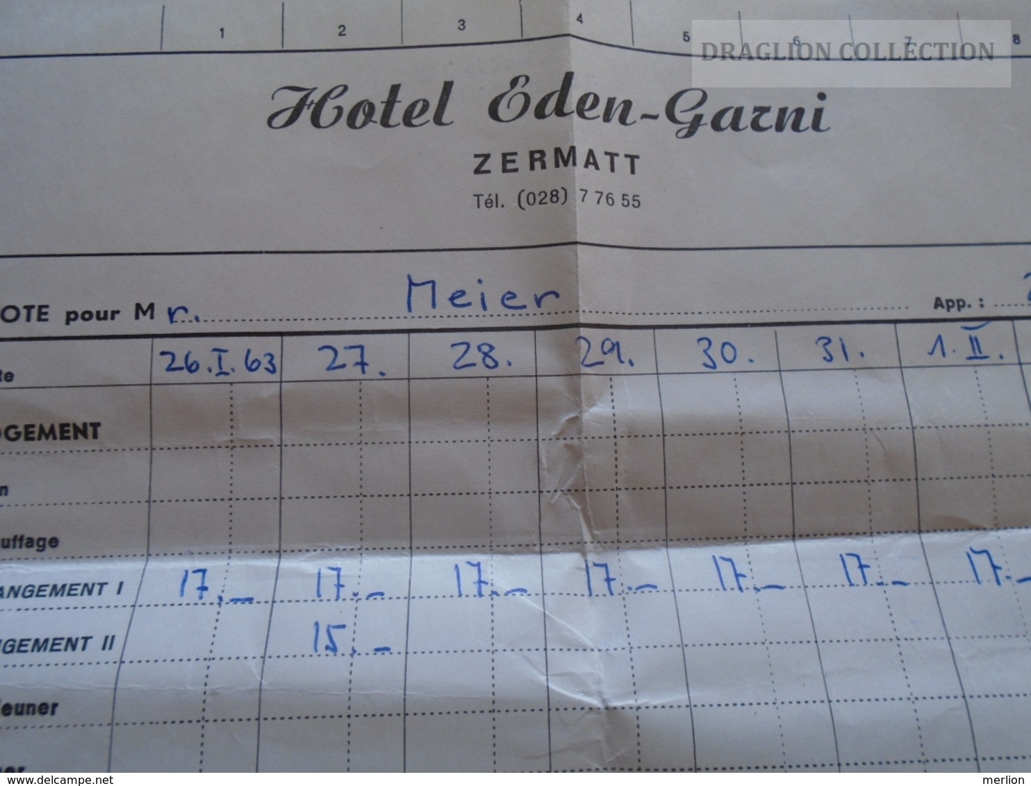 ZA134.12 Hotel EDEN Garni  -ZERMATT  -Suisse -Switzerland - Invoice , 1963 - Switzerland