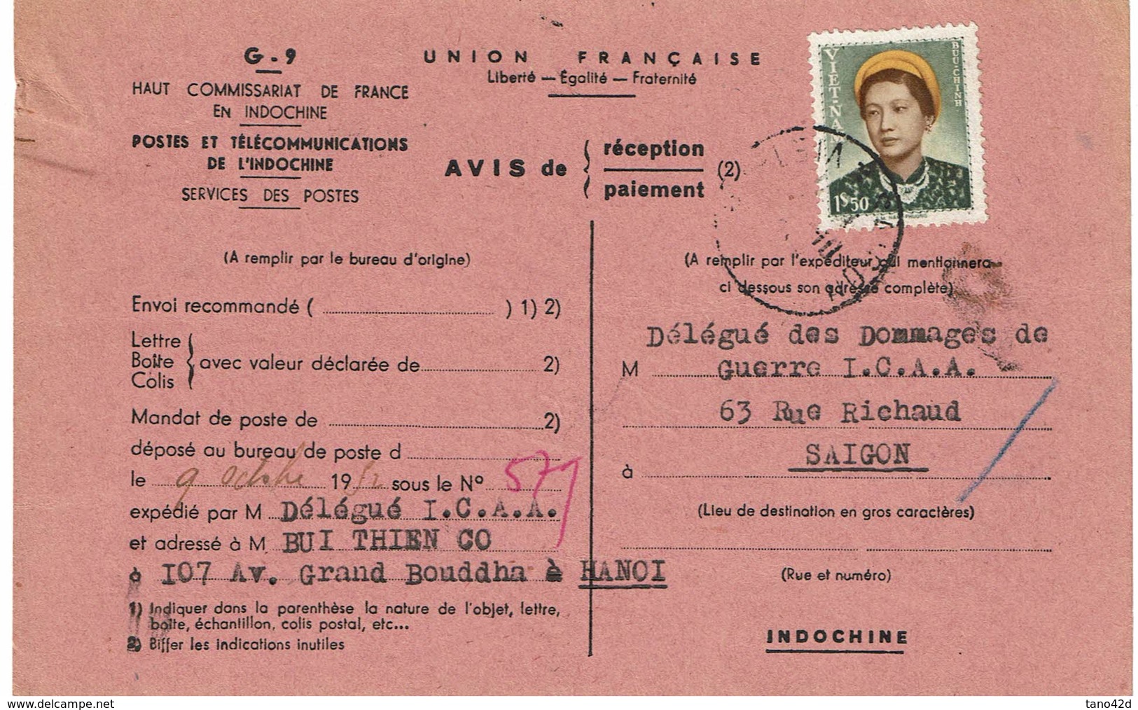 CTN54A- VIET- NAM CARTE OFFICIELLE G9 DE LA COMMISSION SUPERIEURE DOMMAGES DE GUERRE UTILISEE 10/1952 - Vietnam