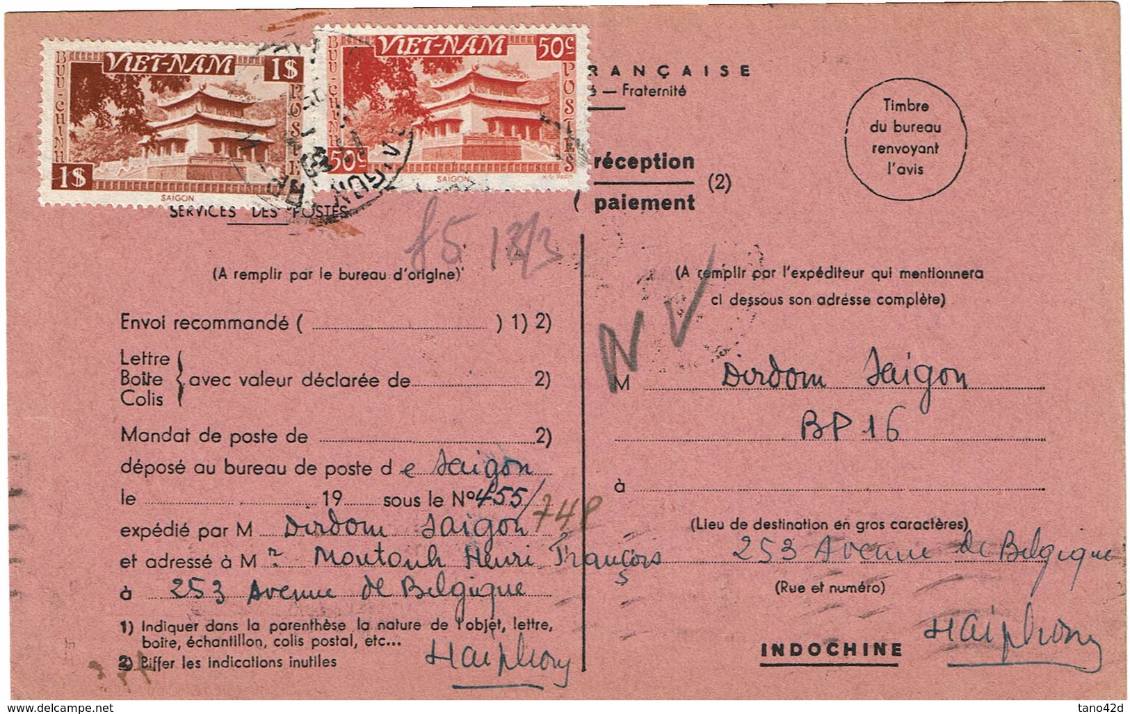 CTN54A- VIET- NAM CARTE OFFICIELLE G9 DE LA COMMISSION SUPERIEURE DOMMAGES DE GUERRE UTILISEE 03/1952 - Vietnam