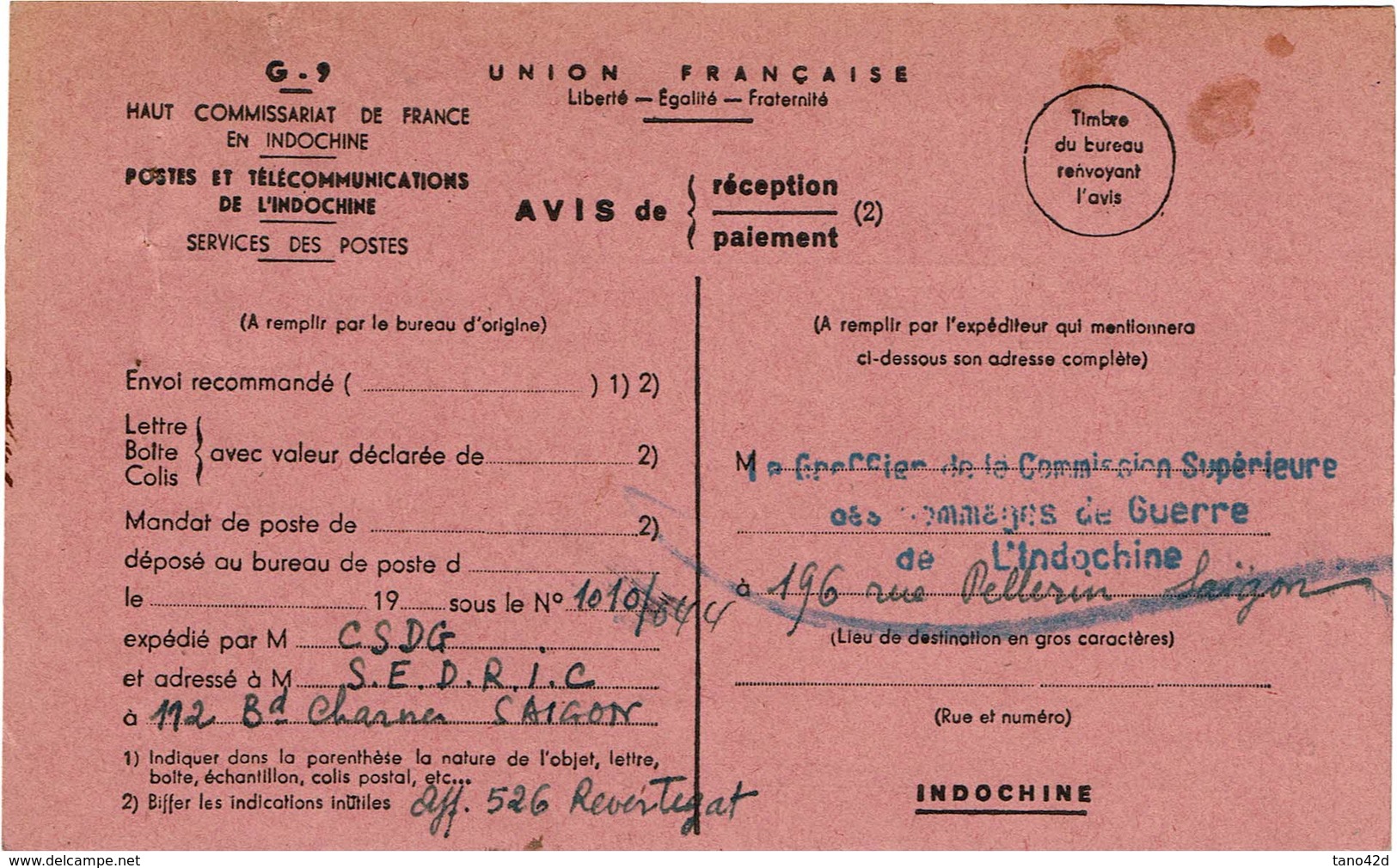 CTN54A- VIET- NAM CARTE OFFICIELLE G9 DE LA COMMISSION SUPERIEURE DOMMAGES DE GUERRE UTILISEE 01/1953 - Vietnam