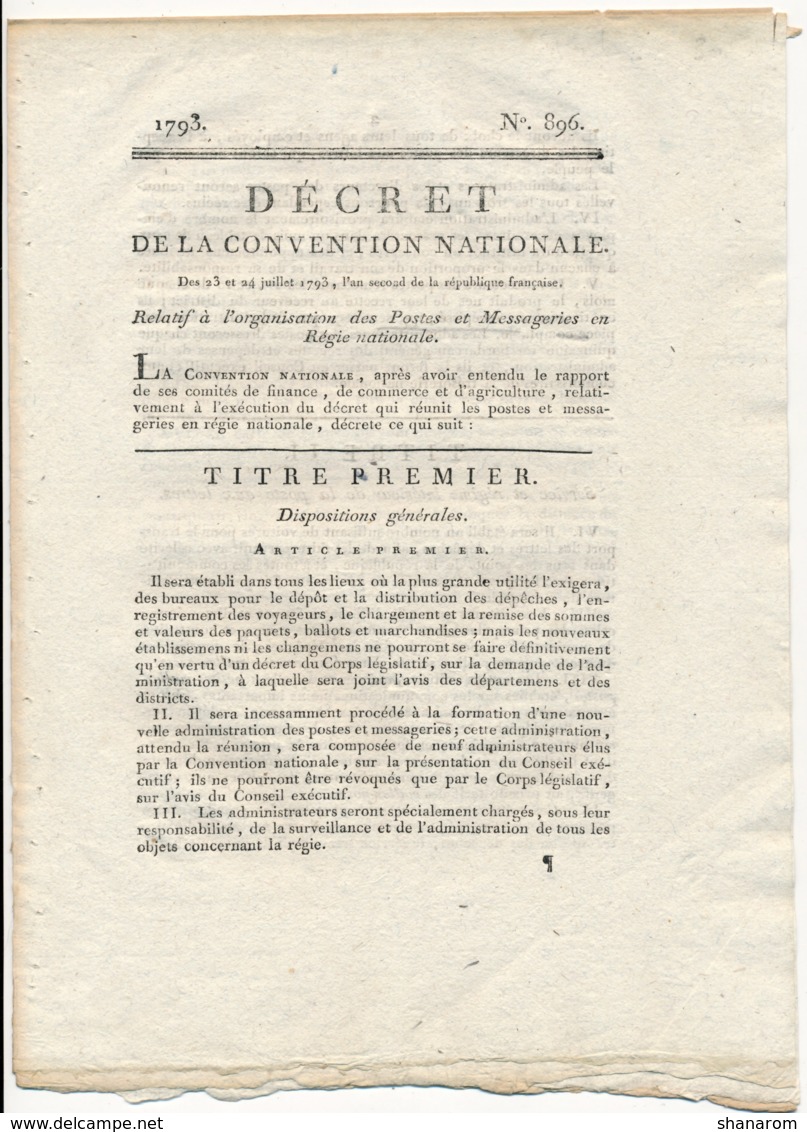 1793 // DECRET DE LA CONVENTION NATIONALE Des 23 Et 24 Juillet - Decreti & Leggi