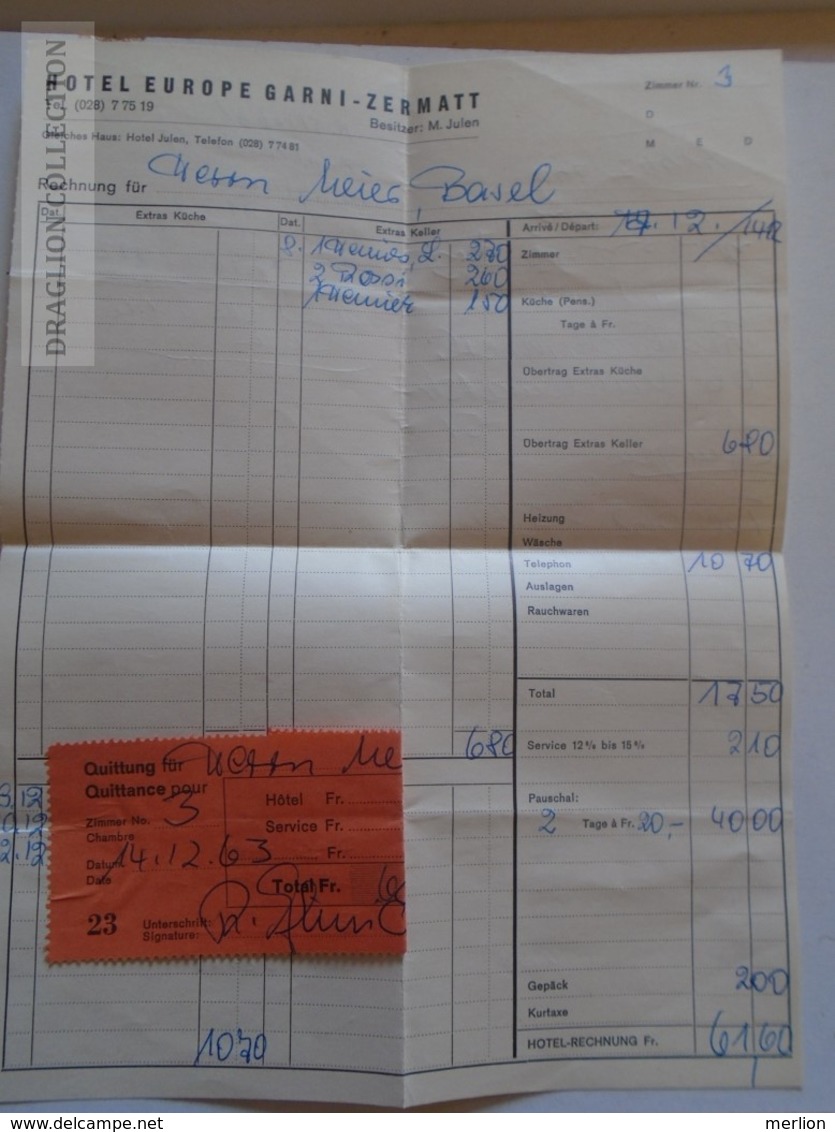 ZA134.18 Switzerland Hotel Europa Garni ZERMATT  1963  Invoice Rechnung - Svizzera