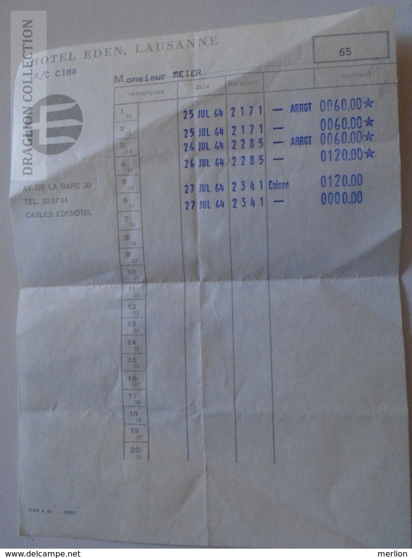 ZA134.20 Switzerland Hotel EDEN Lausanne 1964 - Svizzera