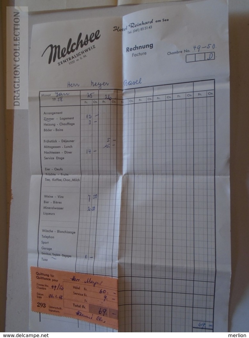 ZA134.21 Switzerland Melchsee - Hotel Reinhard Am See - 1958 Invoice Rechnung - Switzerland