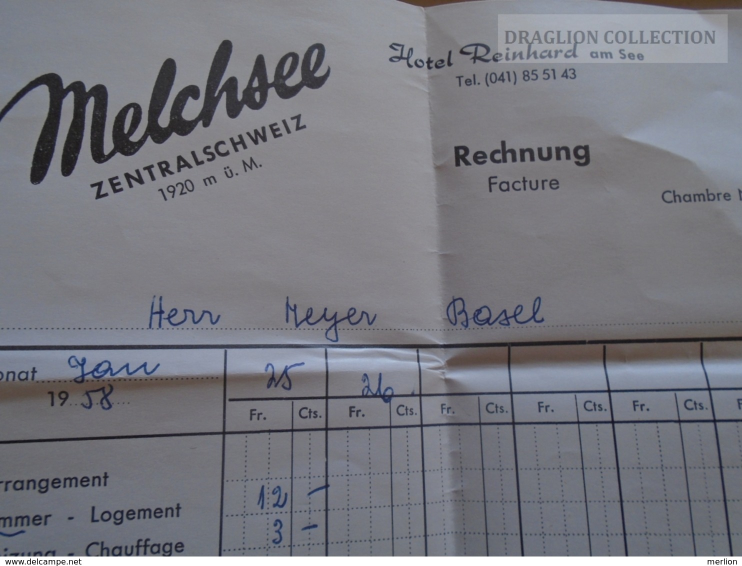 ZA134.21 Switzerland Melchsee - Hotel Reinhard Am See - 1958 Invoice Rechnung - Schweiz