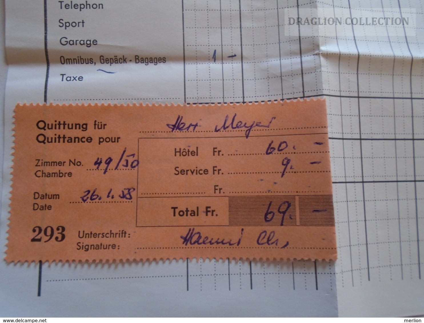 ZA134.21 Switzerland Melchsee - Hotel Reinhard Am See - 1958 Invoice Rechnung - Switzerland