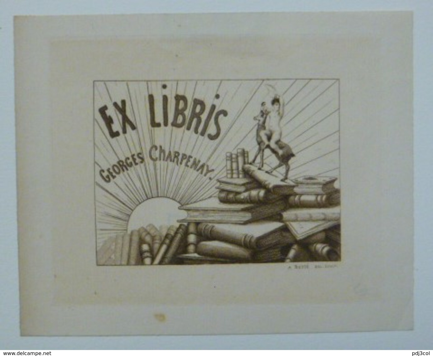 Ex-libris Illustré Français XXème - Georges CHARPENAY - Enfant Nu Sur Un Chamois Sur Une Montagne De Livres - Bookplates