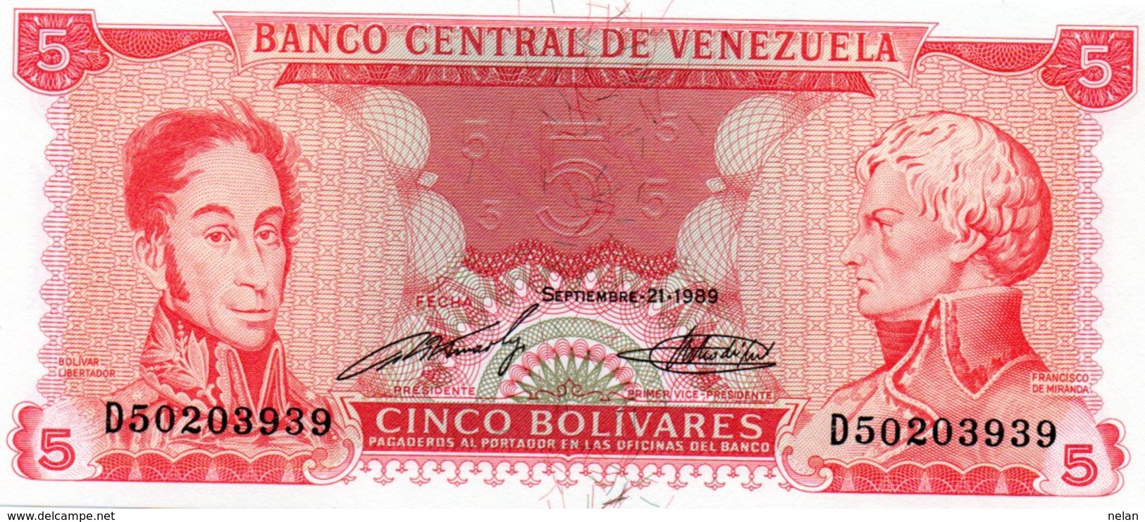 VENEZUELA 5 BOLIVARES 1989  P-70a  UNC - Venezuela