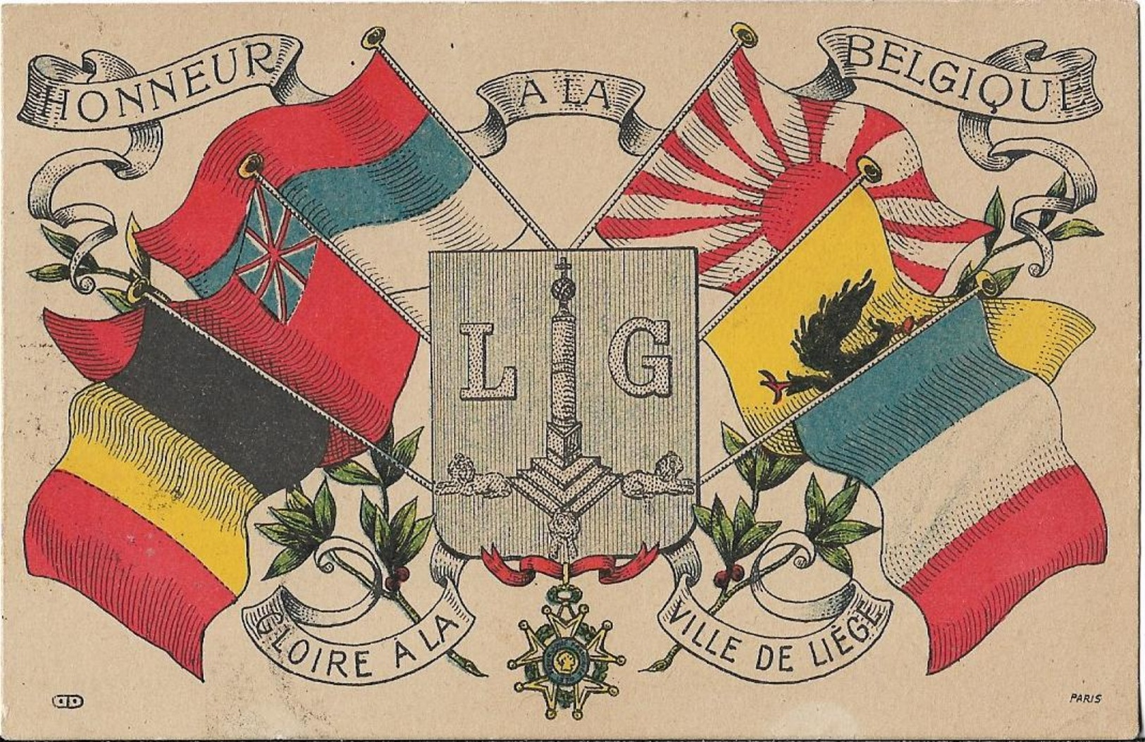 CPA  Belge Représentant Le Drapeau Belge, Le Drapeau Français Et D' Autres Drapeaux  -  Honneur  à  La  Belgique  // TBE - Other Wars