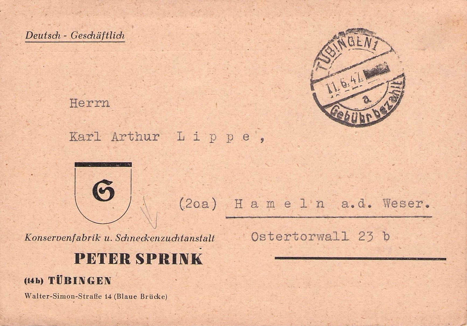 ALLIIERTE BESETZUNG - POSTKARTE TÜBINGEN 1 1947 -GEBÜHR BEZAHLT- - Sonstige & Ohne Zuordnung