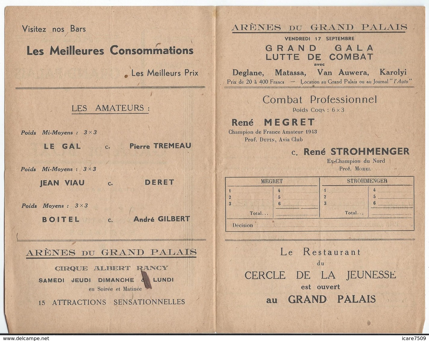 PARIS - Arènes Du Grand-Palais - Gala De Boxe Du 15 Septembre - 4 Pages - Programmes