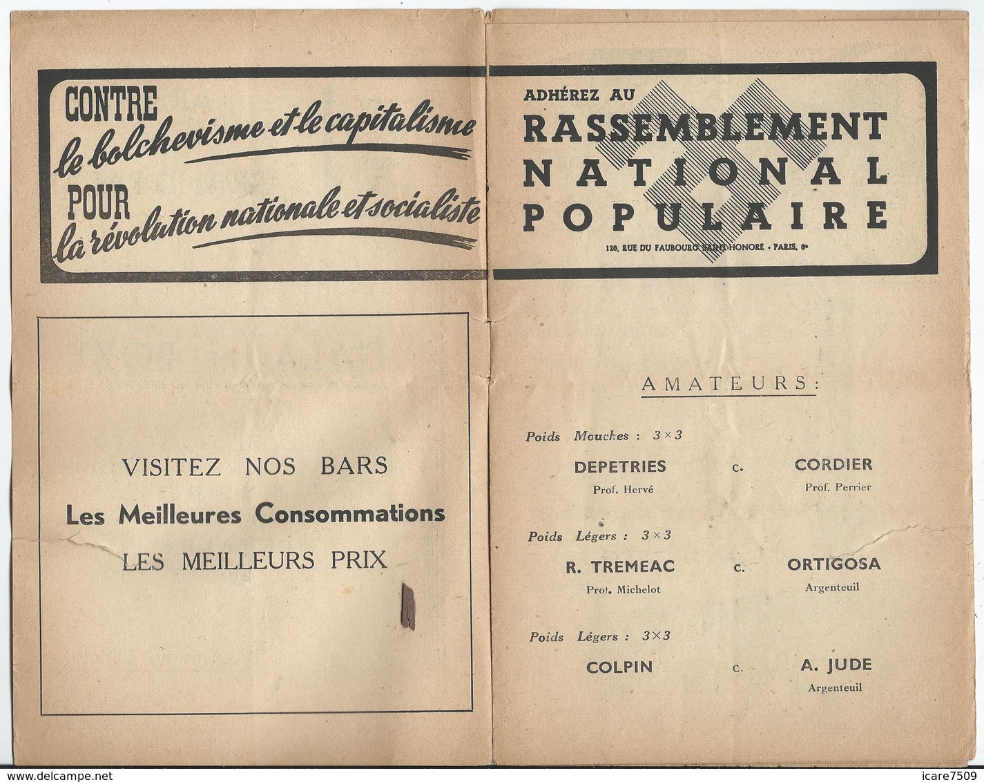 PARIS - Arènes Du Grand-Palais - Gala De Boxe Du 27 Octobre - 8 Pages - Pub. De Propagande Vichyste - Programmes