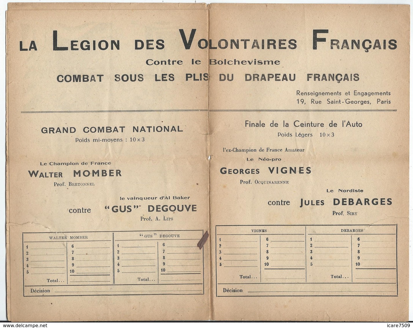 PARIS - Arènes Du Grand-Palais - Gala De Boxe Du 27 Octobre - 8 Pages - Pub. De Propagande Vichyste - Programmes