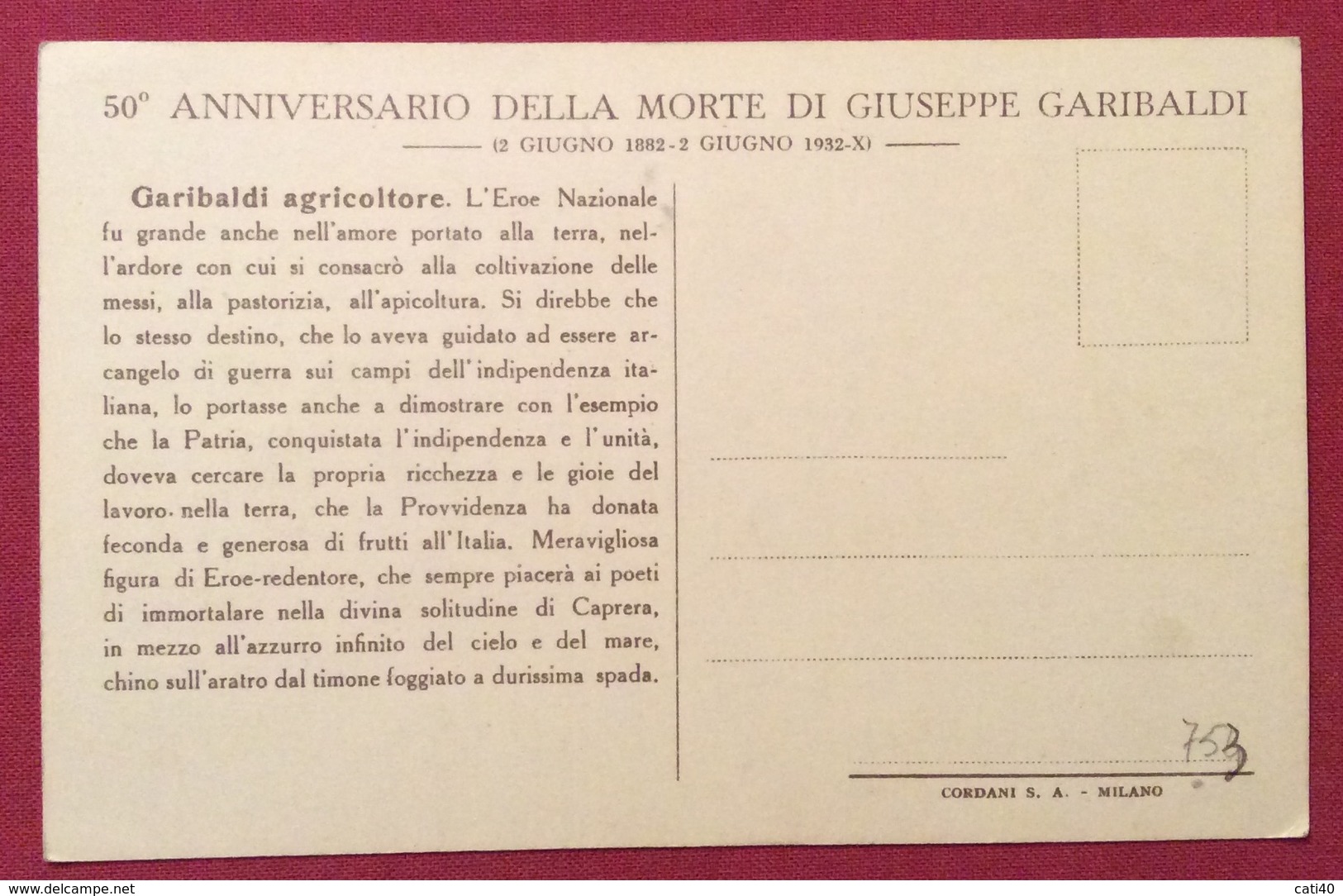 GARIBALDI AGRICOLTORE NELLA SOLITUDINE DI CAPRERA  EDIZIONE PER I 50 ANNI DELLA MORTE - Altri & Non Classificati