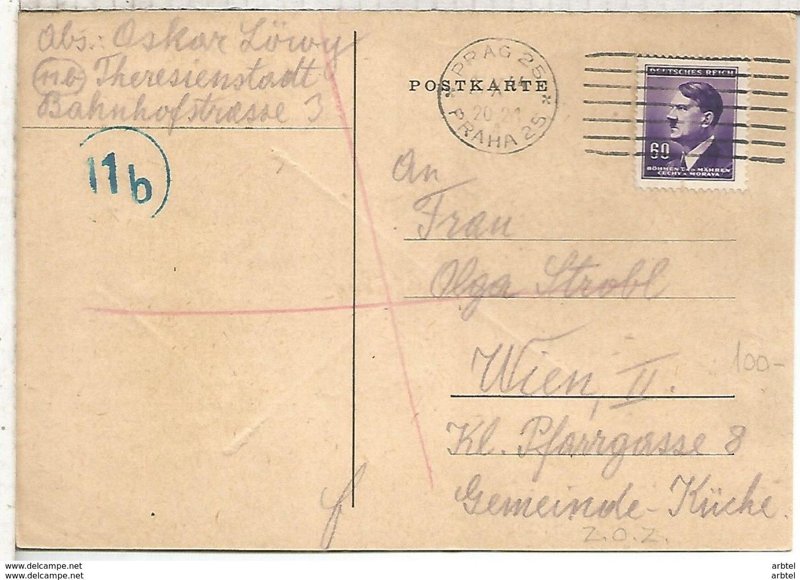 BOHMEM UND MAHREN SENT FROM KZ LAGER TERESIENSTADT TEREZIN 1944 OSKAR LÖWY MURDERED OC CAMP ADDRESSED TO WIEN AUSTRIA NA - Cartas & Documentos