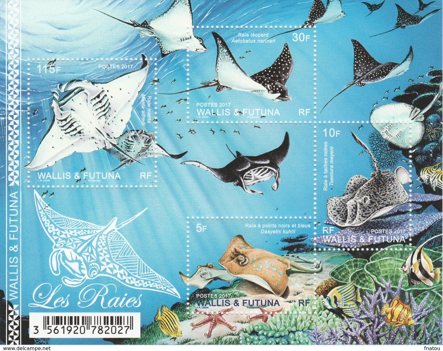 Wallis And Futuna, Fish, Rays, 2017, MNH VF Superb Souvenir Sheet Of 4 - Neufs