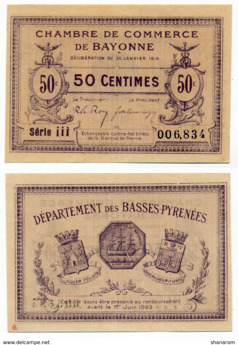 1914-1918 // C.D.C. // BAYONNE // 30 Janvier 1918 // Cinquante Centimes // Sans Filigrane - Chambre De Commerce