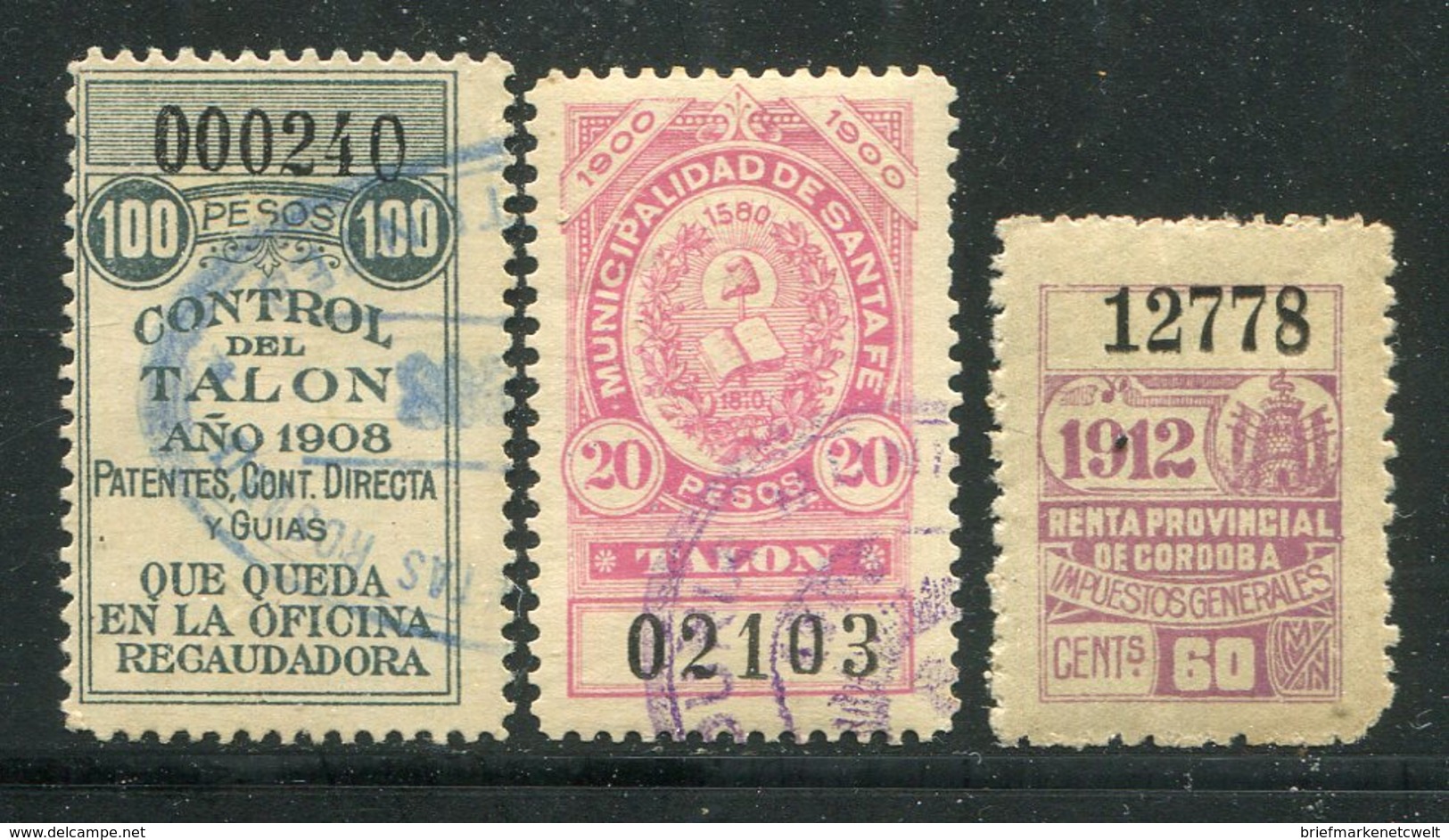 Stempelmarken / 1900 Ff. / 3 Int. Werte, Santa Fe O, Control Del Talon O, Renta Prov. Cordoba-Impuestos (27228) - Vrac (max 999 Timbres)