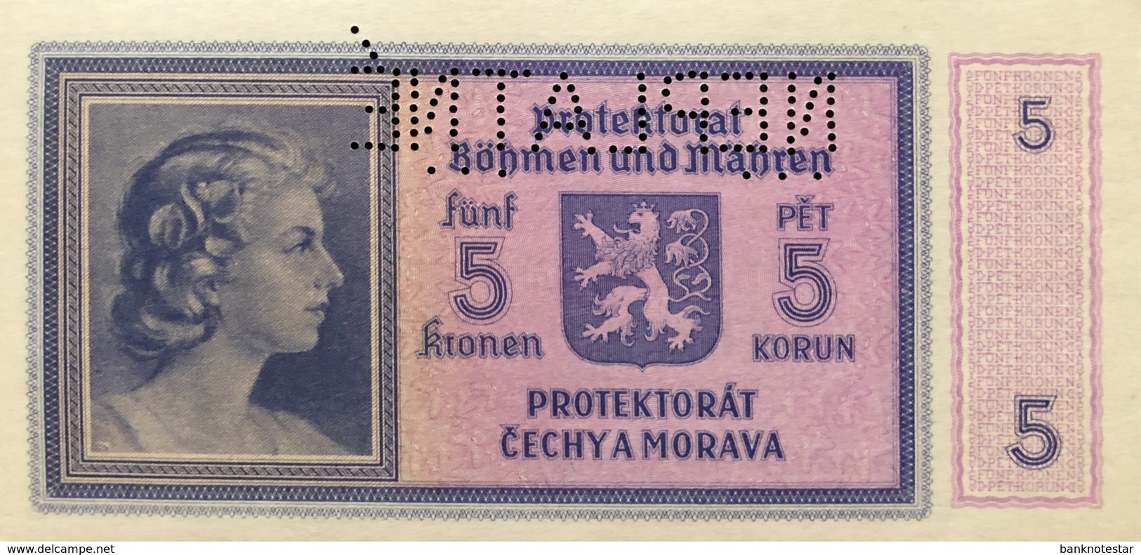 Bohemia & Moravia 5 Korun, P-4s - Specimen - UNC - Tchécoslovaquie