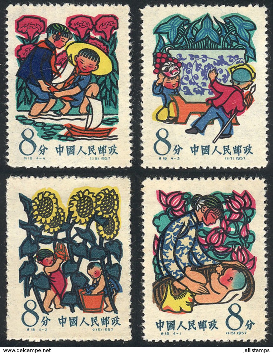 CHINA: Sc.351/354, 1958 Children, Cmpl. Set Of 4 Values, Mint Lightly Hinged (issued Without Gum), Fine Quality! - Oblitérés