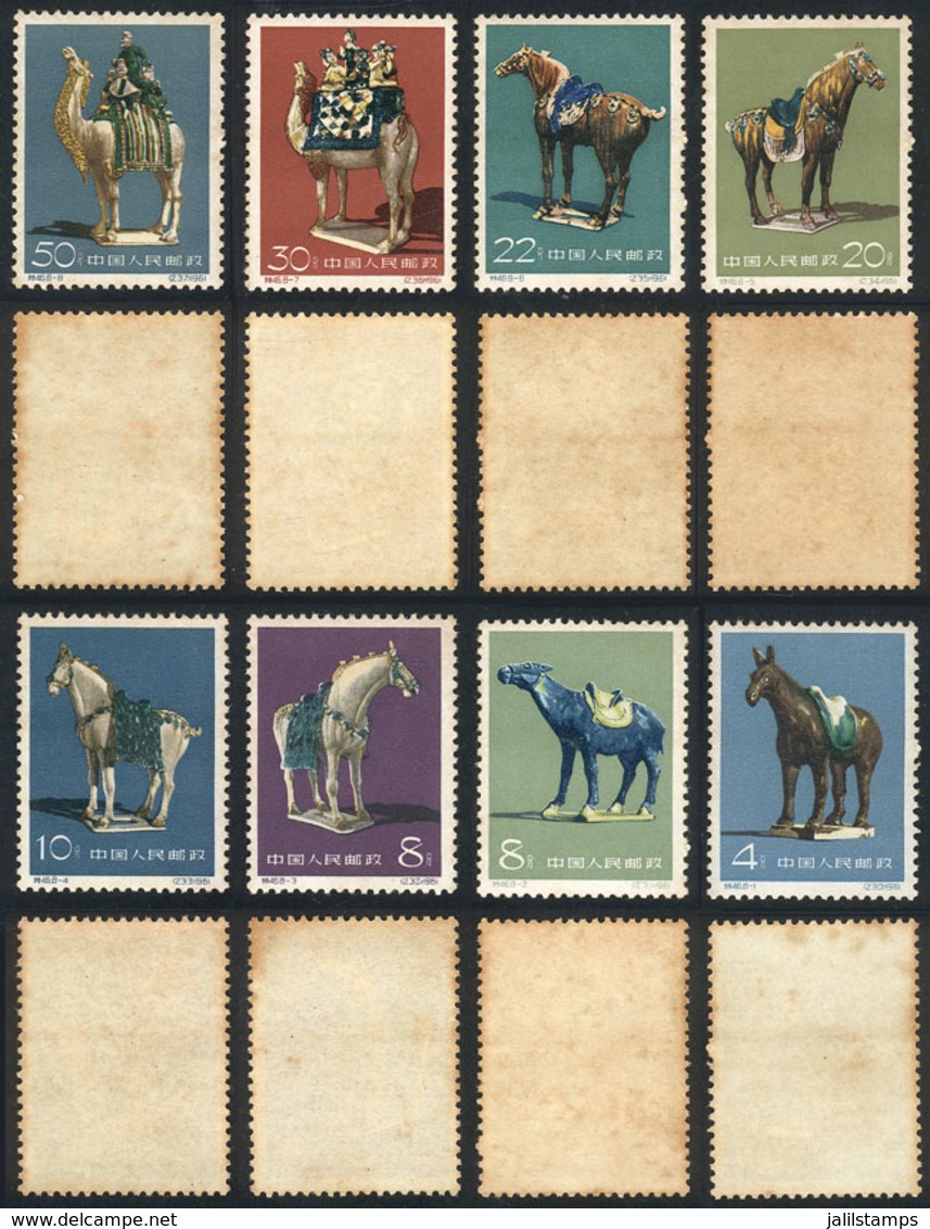 CHINA: Sc.592/599, 1961 Pottery Of Tang Dynasty, Horses, Cmpl. Set Of 8 Values, Mint With Stained Gum, Catalog Value US$ - Usados