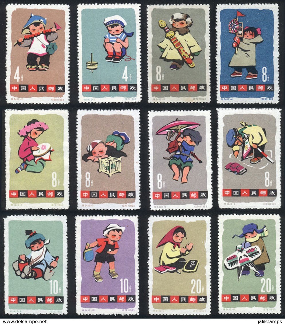 CHINA: Sc.684/695, 1963 Children, Cmpl. Set Of 12 Values, Mint Lightly Hinged (issued Without Gum), Very Fine Quality! - Usados