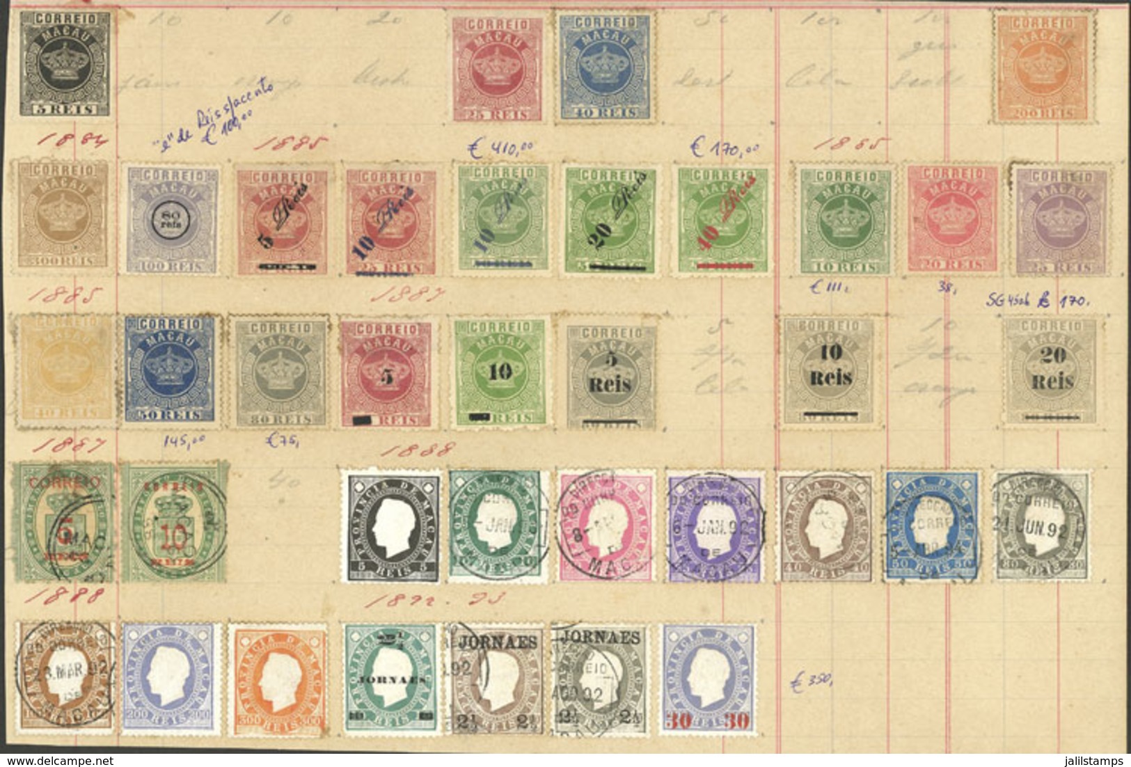 MACAU: Accumulation Of A Good Number Of Old Stamps On Pages, Most Affixed With Glue (they Will Have To Be Patiently Soak - Other & Unclassified