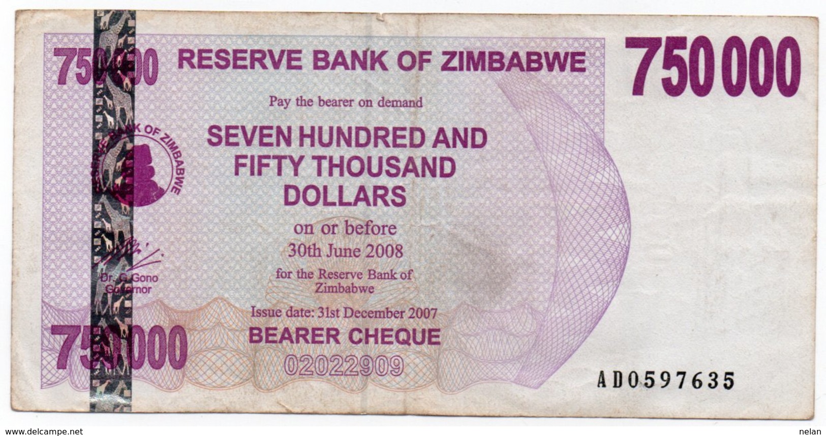 ZIMBABWE 750000 DOLLARS 2007 P-52 - Zimbabwe