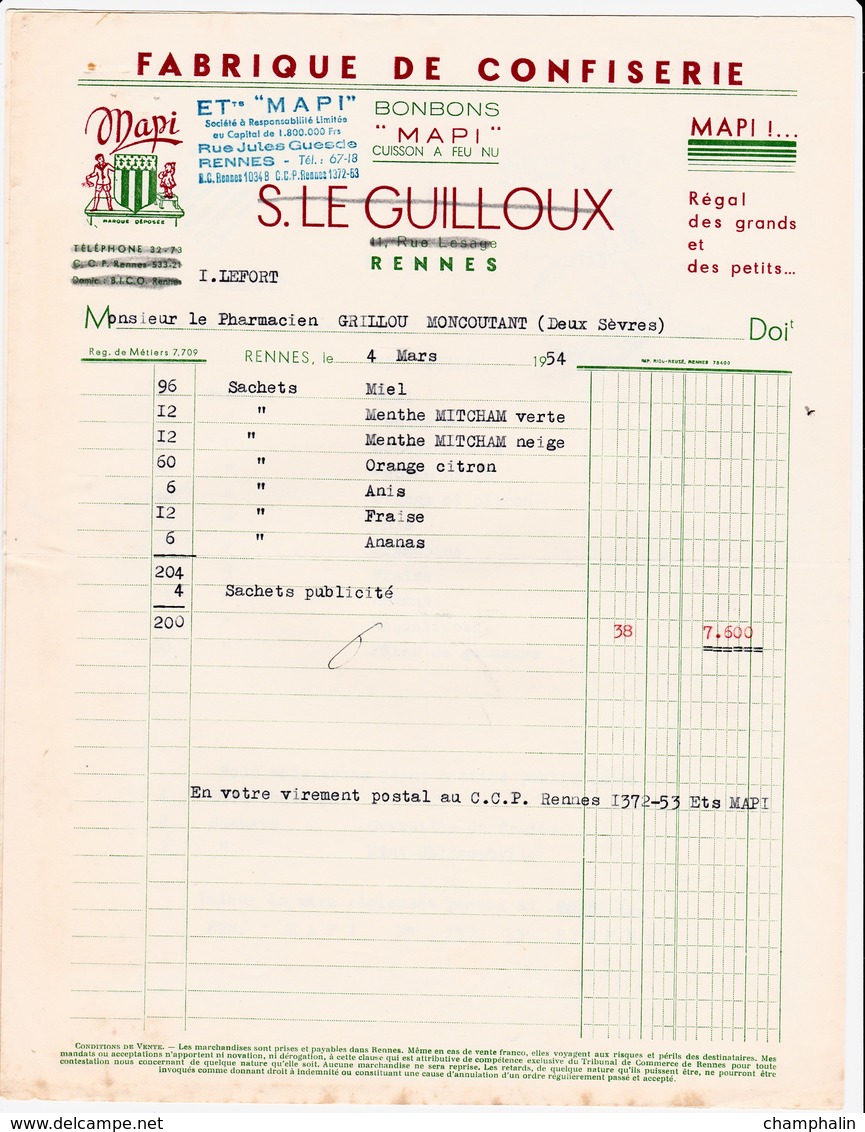 Lot 2 Factures De Rennes (35) Pour Moncoutant (79) - 1953 & 1954 - Ets Mapi - Fabrique De Confiseries Et Bonbons - Lebensmittel