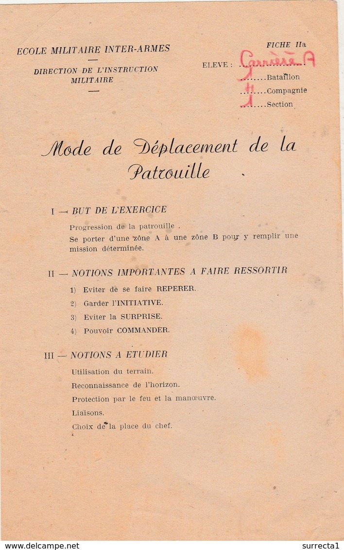 Ecole Militaire Inter-Armes / La Patrouille / Conseils De Déplacement, Progression De Nuit.../ Memento / 2 Documents - Autres & Non Classés