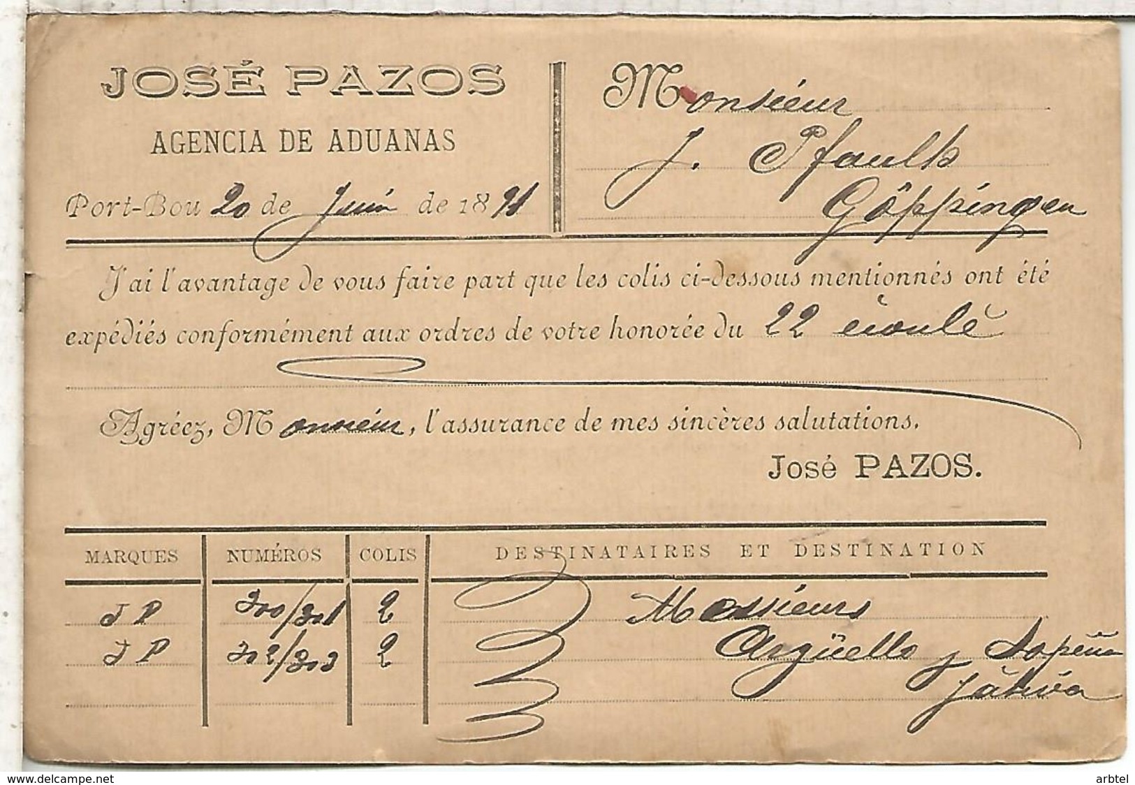 ENTERO POSTAL CON IMPRESION PRIVADA JOSE PAZOS DE PORT BOU GERONA A GOPPINGEN 1891 - 1850-1931