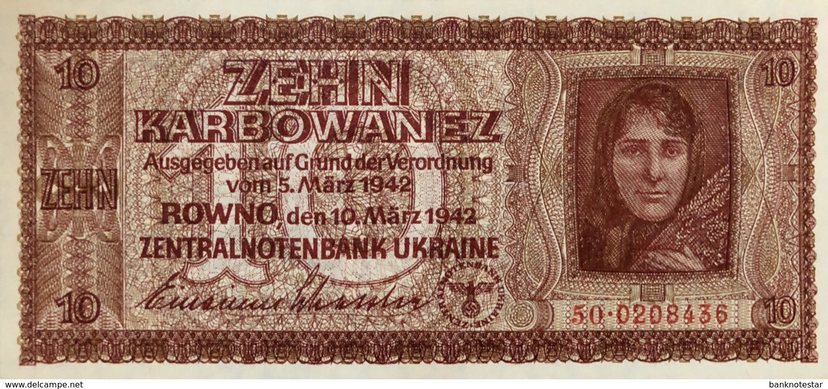 German Occupation/Ukraine 10 Karbowanez, P-52 (1942) - UNC - Tweede Wereldoorlog