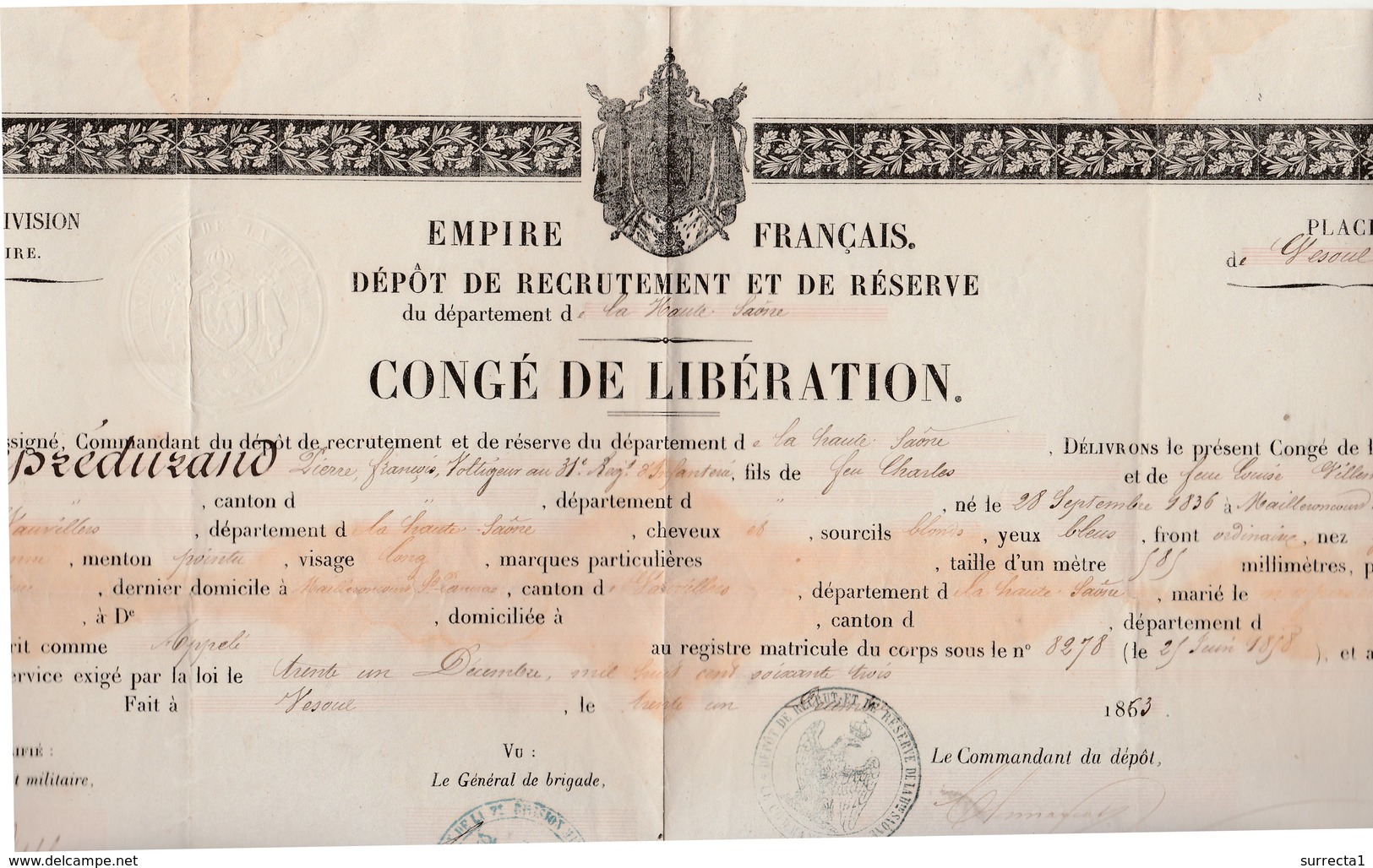 Congé Militaire De Libération 1863 / Empire Français / 3 Cachets Aigle Couronné + Timbre Sec - Autres & Non Classés