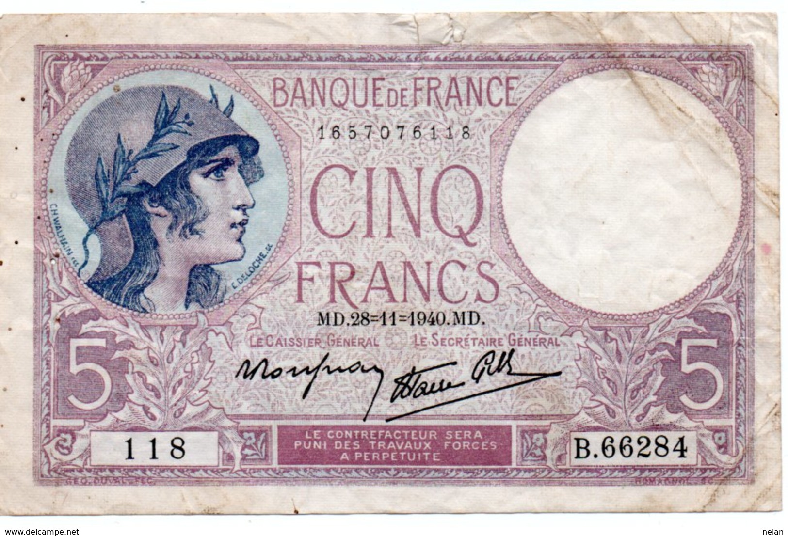 FRANCIA 5 FRANCS 1940  P-83a15 - 5 F 1917-1940 ''Violet''