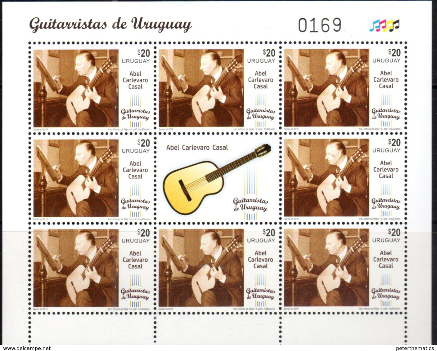 URUGUAY,2018, MNH,MUSIC, GUITARS, URUGUYAN GUITARRISTS, ABEL CARLEVARO CASAL, SHEETLET OF 8v - Music