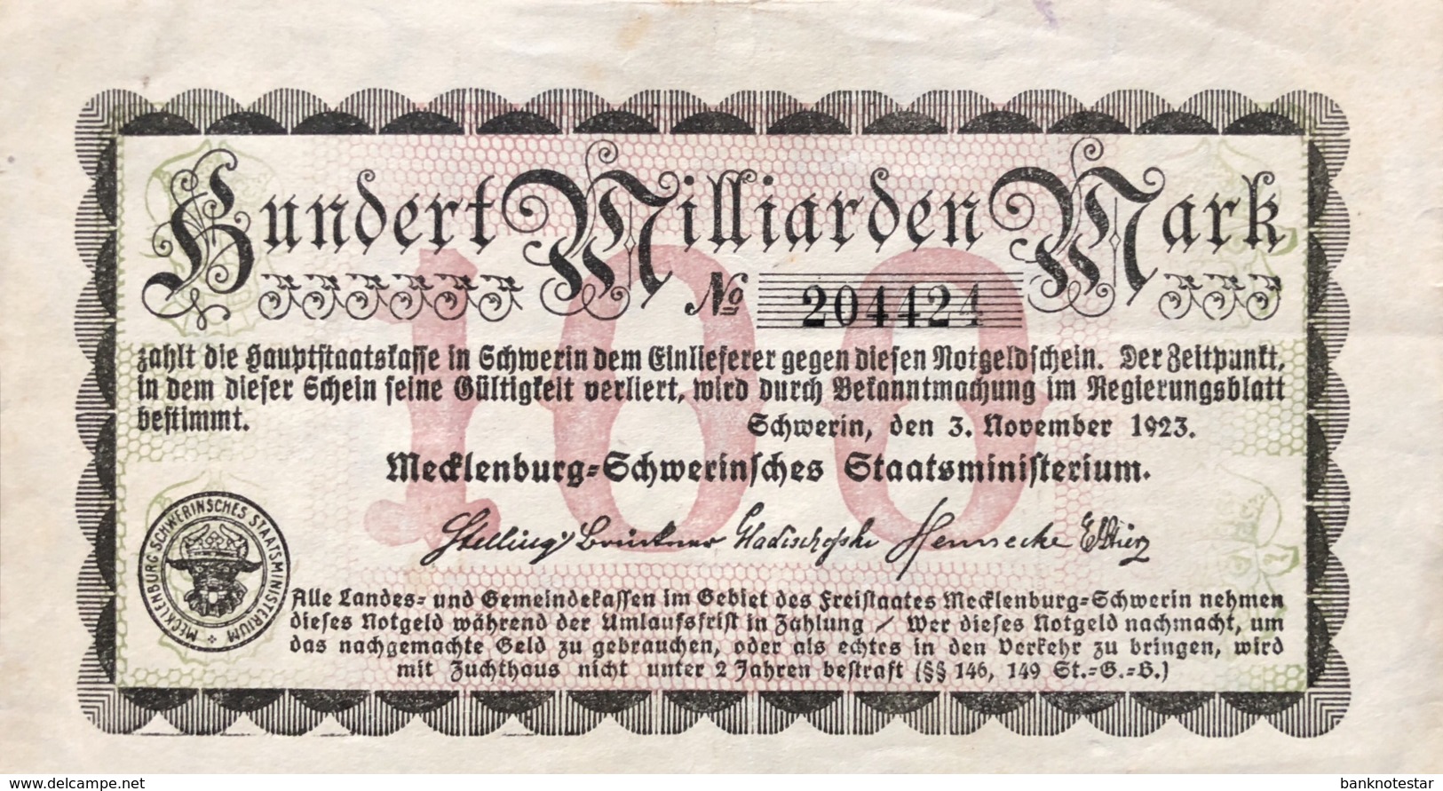 Germany/Mecklenburg 100 Milliarden Mark, (1923) - EF - Altri & Non Classificati